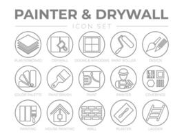 Painter and Drywall Round Outline Icon Set vector
