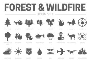 Forest, Wildfire Icon Set with Fire, Pine, Cabin, Wildlife, Helicopter, Rain, Weather, Firefighter, Wild Animal, Drone, Water, Airplane, Volunteers, Soil, Safety, Sunshine Symbols vector