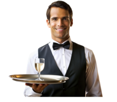 person in waiter uniform carries tray png
