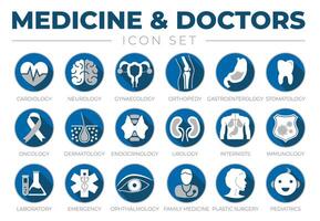 Icon Set of Cardiology, Neurology, Gynecology, Orthopedy, Gastroenterology, Stomatology,Oncology, Dermatology, Urology, Internists, Immunology, Laboratory, Emergency, Plastic Surgery, Medical Icons. vector