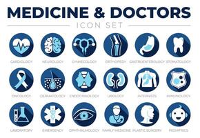 Medicine, Doctors and Healthcare Icon Set of Cardiology, Neurology, Gynecology, Orthopedy, Gastroenterology, Stomatology,Oncology, Dermatology, Urology, Internists, Immunology, Laboratory, Emergency vector