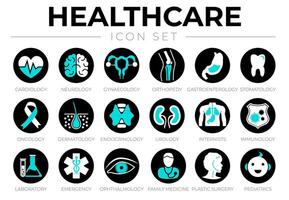 Black Healthcare Icon Set of Cardiology, Neurology, Gynecology, Orthopedy, Gastroenterology, Urology, Internists, Emergency, Ophthalmology, Family Medicine, Plastic Surgery, Pediatrics Medical Ic vector