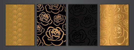 Luxury Rose Background Texture Set in Black and Gold. Flower Frame Collection vector