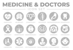 Round Medicine and Healthcare Icon Set of Cardiology, Neurology, Gynecology, Orthopedy, Gastroenterology, Urology, Internists, Emergency, Ophthalmology, Family Medicine, Plastic Surgery, Pediatri vector