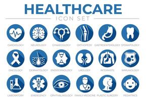 azul icono conjunto de cardiología, neurología, ginecología, ortopedia, gastroenterología, estomatología, oncología, dermatología, urología, internistas, inmunología, laboratorio, oftalmología, médico iconos vector