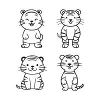 Tiger black and white cartoon character design collection. White background. Pets, Animals. vector