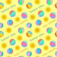 Beach balls for kids, sun and Summer vibes lettering on yellow background. Summertime. seamless colorful pattern. vector