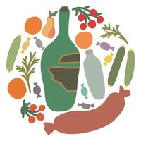 Grocery set in a circle. flat isolated illustration. Wine bottle, bottle of milk, cucumbers, oranges, candies, pear, sausage, berries, dill vector