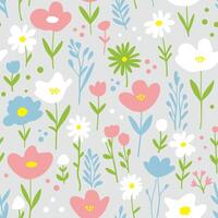 Delicate background with a flower meadow, seamless pattern with branches and leaves. Tulips and daisies vector