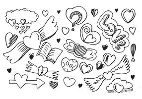 hand drawn doodles set for Valentine's Day. collection of beautiful hearts and writings Love on white background. vector