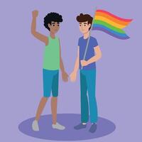 Pareja participación manos y ondulación orgullo bandera vector