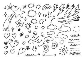 conjunto de diferente estrellas, nube, flechas, corazones, rayo, señales y simbolos mano dibujado, garabatear elementos aislado en blanco antecedentes. vector