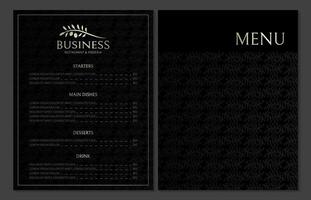 Elegant Menu Design for Italian Style Restaurant in Black Color with Olive Logo and Pattern vector