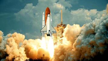 nieuw schip raket shuttle vliegt naar maan. ruimteschip optillen uit in de sterrenhemel lucht. raket begint in ruimte. concept. video