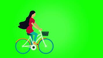 menina ciclismo em estrada animação, ciclismo personagem cheio comprimento, bicicleta viagem transporte, em loop animação, mulher é equitação bicicleta, feliz menina equitação uma bicicleta carregando flores em verde tela video