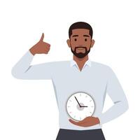 Smiling man in uniform holding clock in hands showing thumb up. vector