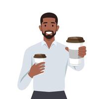 Smiling young man with coffee cups in cup offer drink to friend. vector