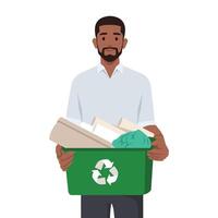 Black man holding recyclables. Public service advertising poster concept. vector