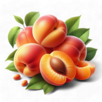 Three ripe apricots with leaves on transparent background Generated Ai png