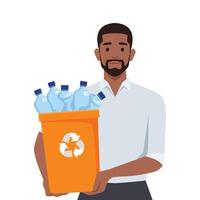 Black man holding recyclables. Public service advertising poster concept. vector