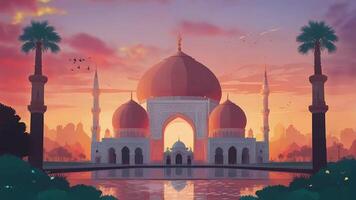 el puesta de sol es reflejado en el agua y el mezquita es en el antecedentes video