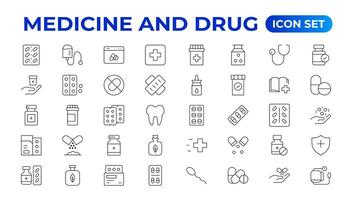 conjunto de medicina iconos sencillo línea Arte estilo íconos embalar. farmacéutico. lineal icono recopilación. contorno icono recopilación. vector