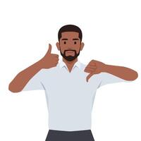 Young black man showing thumb up and thumb down thinking or choosing something. vector
