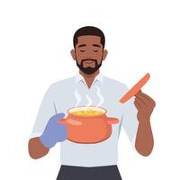 Man in kitchen gloves opening pot smelling food. vector