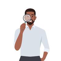 Young black man looking through magnifying glass. vector