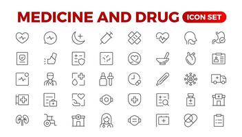 Set of medicine Icons. Simple line art style icons pack. pharmaceutical. Linear icon collection. Outline icon collection. vector