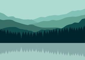 Mountains and pine forests in lakes. Illustration in flat style. vector