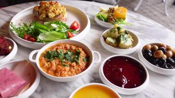 top view of turkish breakfast on table video