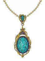 Jewelry desing fancy art vintage gold pendant set with amethyst and turquoise sketch by hand on paper. vector