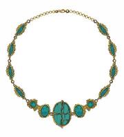 Jewelry desing fancy art gold necklace set with turquoise sketch by hand on paper. vector