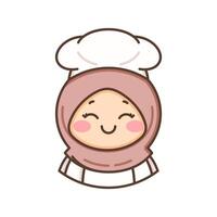 alegre musulmán cocinero niña personaje sencillo mascota logo en linda dibujos animados ilustración estilo vector