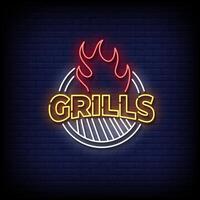 grills neon Sign on brick wall background vector