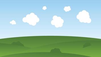 green hill with white fluffy cloud and blue sky. landscape cartoon scene background vector