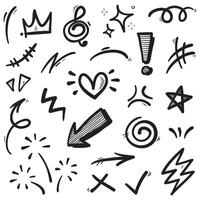 Hand drawn set elements, Abstract arrows, ribbons, hearts, stars, crowns and other elements in a hand drawn style for concept designs. Scribble illustration. vector