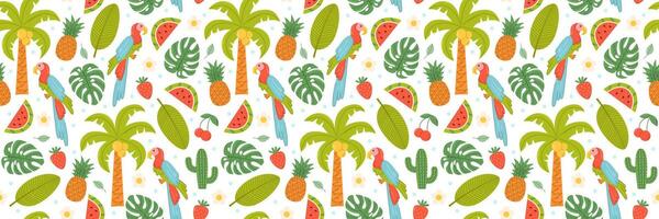 Summer seamless pattern with parrot, tropical plants and berries. Flat background vector