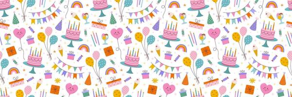 Birthday seamless pattern. Different party objects, colorful holiday items, gift, cake, balloon and garlands vector
