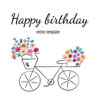 Greeting card with flower bouquets, square template with copy space, happy birthday card, arrangement with bike and beautiful flowers, roses, tulips, gift for womens day, mothers day template vector