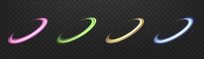 Glowing magic rings set. Neon realistic energy flare rings with sparkling particles. Abstract light effect vector