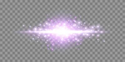 Purple horizontal lensflare and particles. Light flash with rays or violet spotlight and sparkles. Glow flare light effect. vector