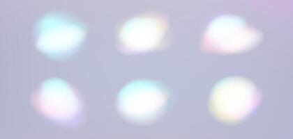 Blurred rainbow refraction overlay effect set. Light lens prism effect on background. Holographic reflection, crystal flare leak shadow overlay. vector