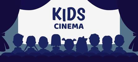 Kids cinema silhouettes, children in movie theater vector