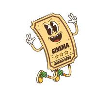 Groovy retro cartoon movie cinema ticket character vector