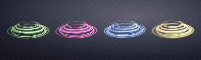 Glowing magic rings set. Neon realistic energy flare rings with sparkling particles. Abstract light effect vector