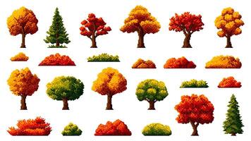 8 Bit autumn forest pixel trees retro arcade asset vector