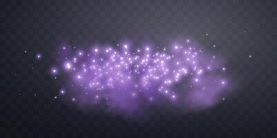 Purple glittering dots, particles, stars, magic sparks with smoke. Glow flare light effect. Purple luminous points in fog. vector