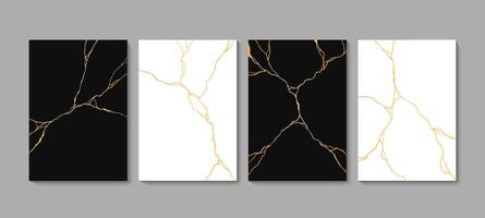 Golden Kintsugi cracks on black and white marble vector